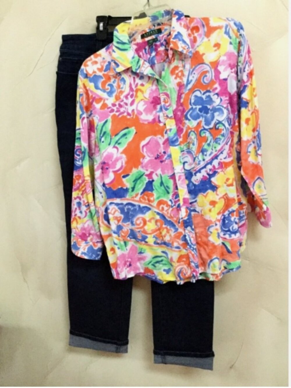 Lauren Ralph Lauren Women XL Floral Shirt Blouse Top Cotton Green Blue Orange - Picture 6 of 8